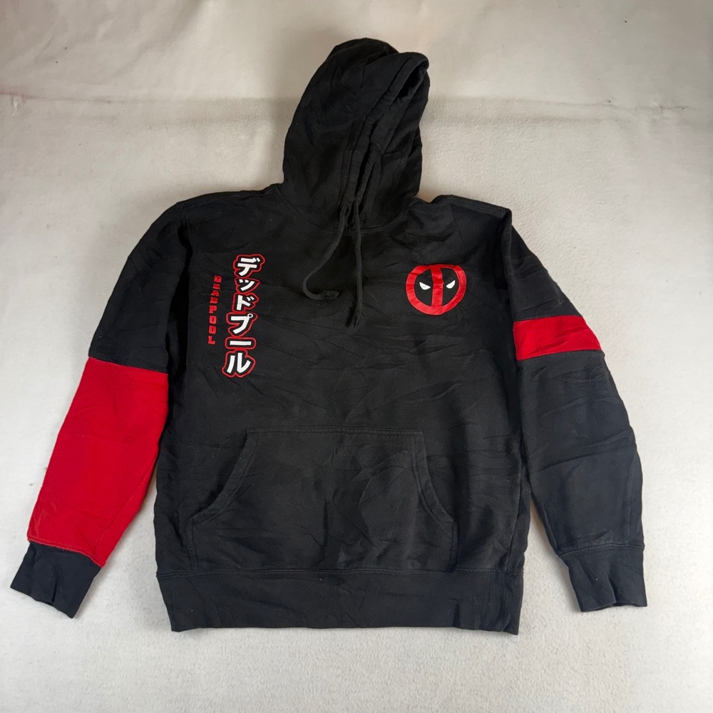 Marvel Deadpool Graphic Hoodie Black Red Japanese Text Men's Medium Sweatshirt